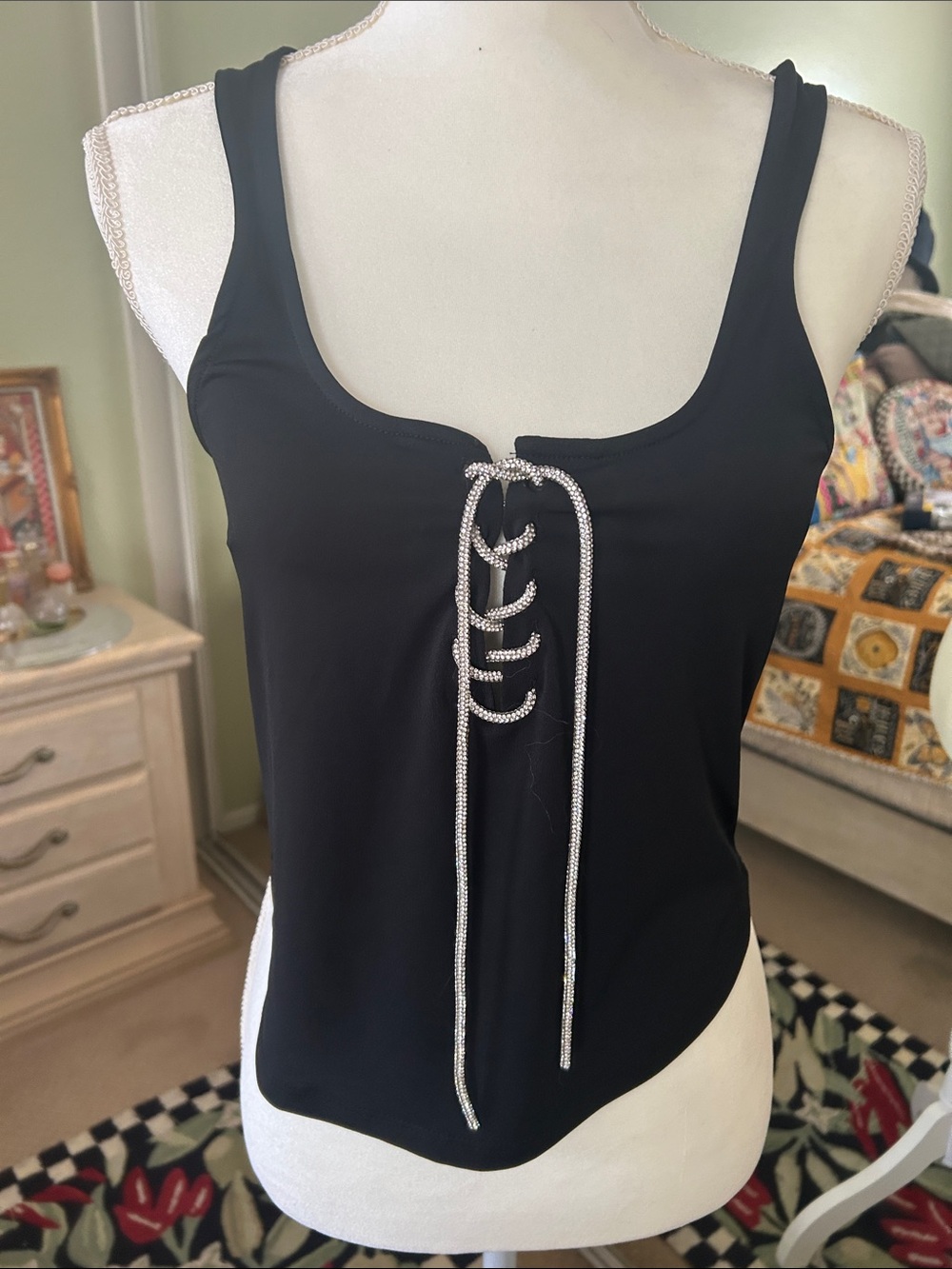 Just Polly Black Tank Top with Rhinestone Lace-Up